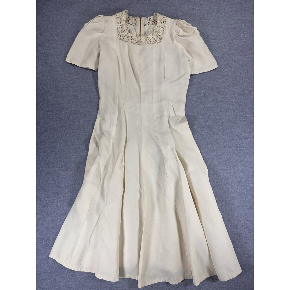 Vintage 70s Handmade Prairie Dress Cream Crochet Lace Puff Sleeve XS